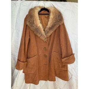 Vintage 1960s Camel Wool Swing Coat | Removable Fur Collar, L/XL
